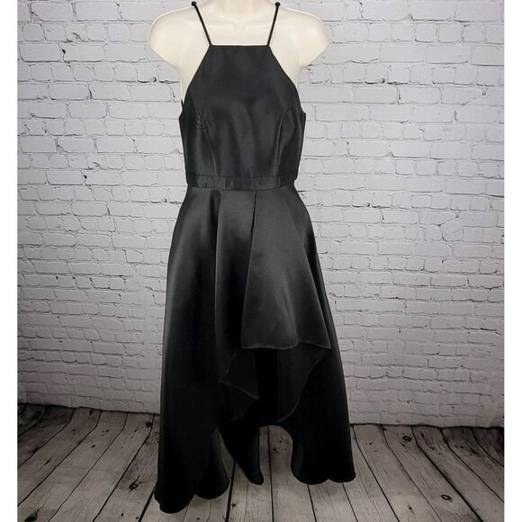 Lulus Black Satin High Neck Strappy High Low A-Line Flowy Cocktail Dress Gown XS - Picture 1 of 13